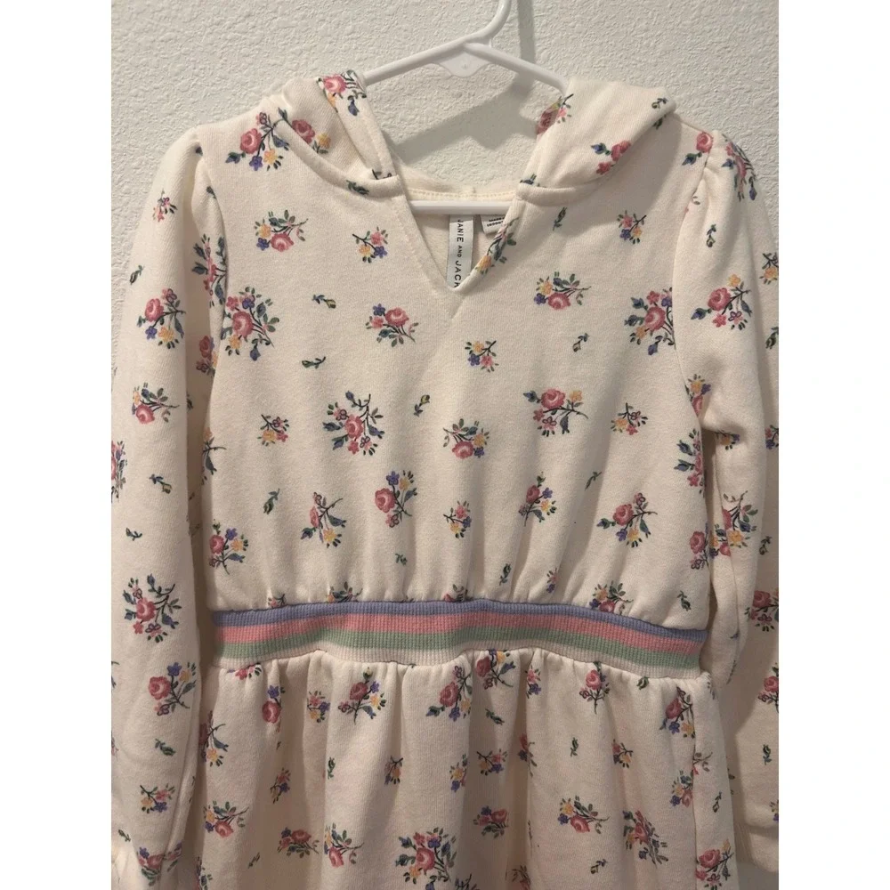Janie and Jack Girls Floral Hooded Fleece Dress Cream Size 6 Rainbow Waistband